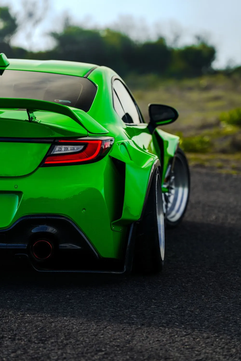 Rear of the GR86 widebody with its wide fenders