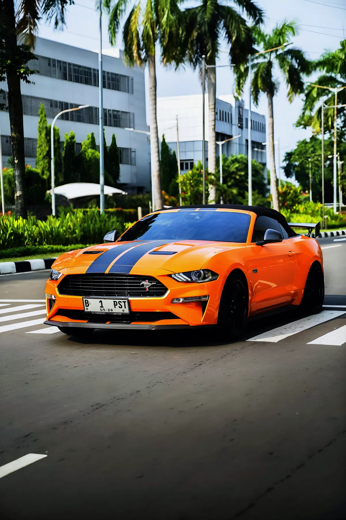 Ford Mustang from the front, under palm trees