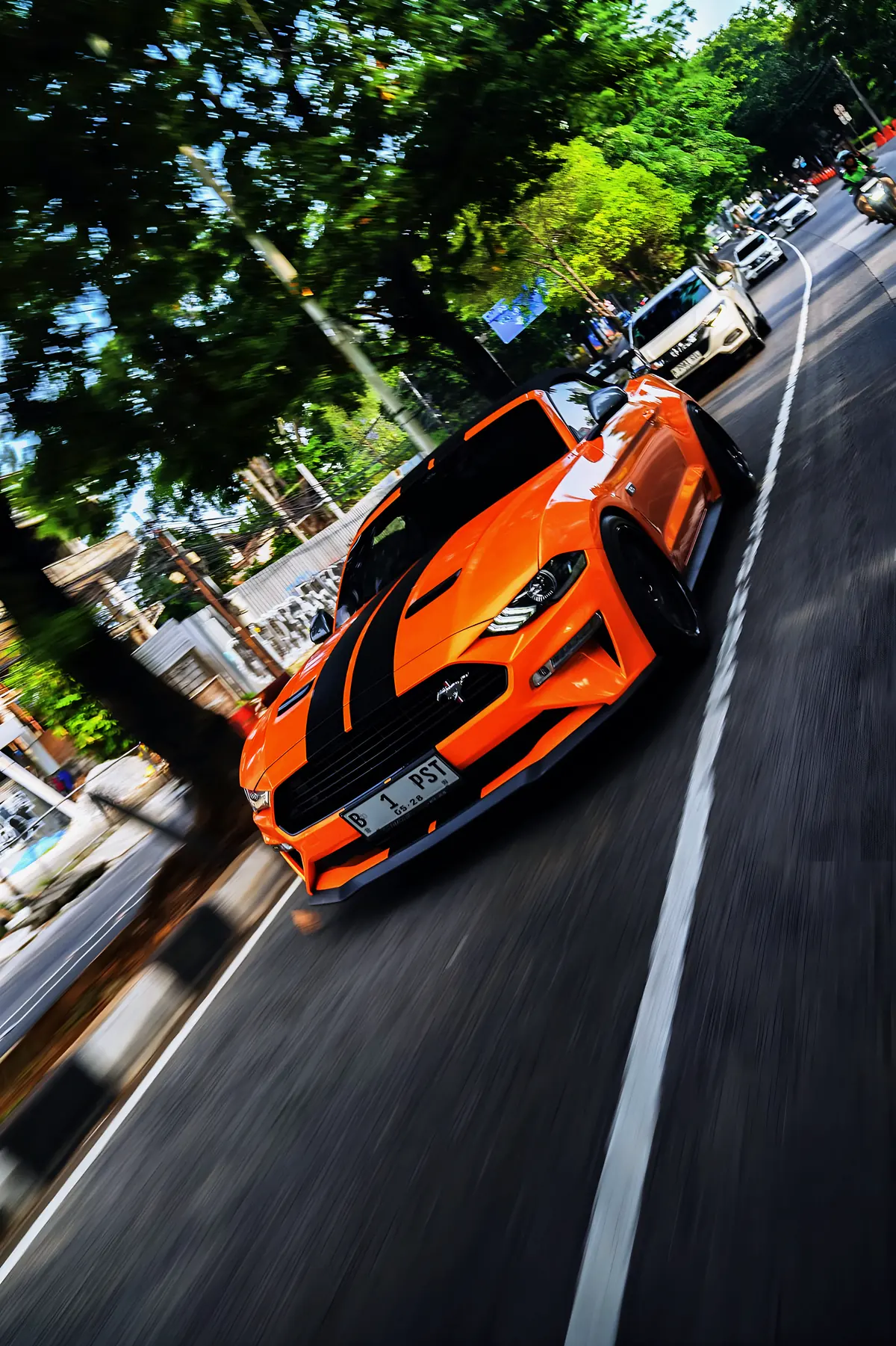 Ford Mustang on the move down a tree-lined street