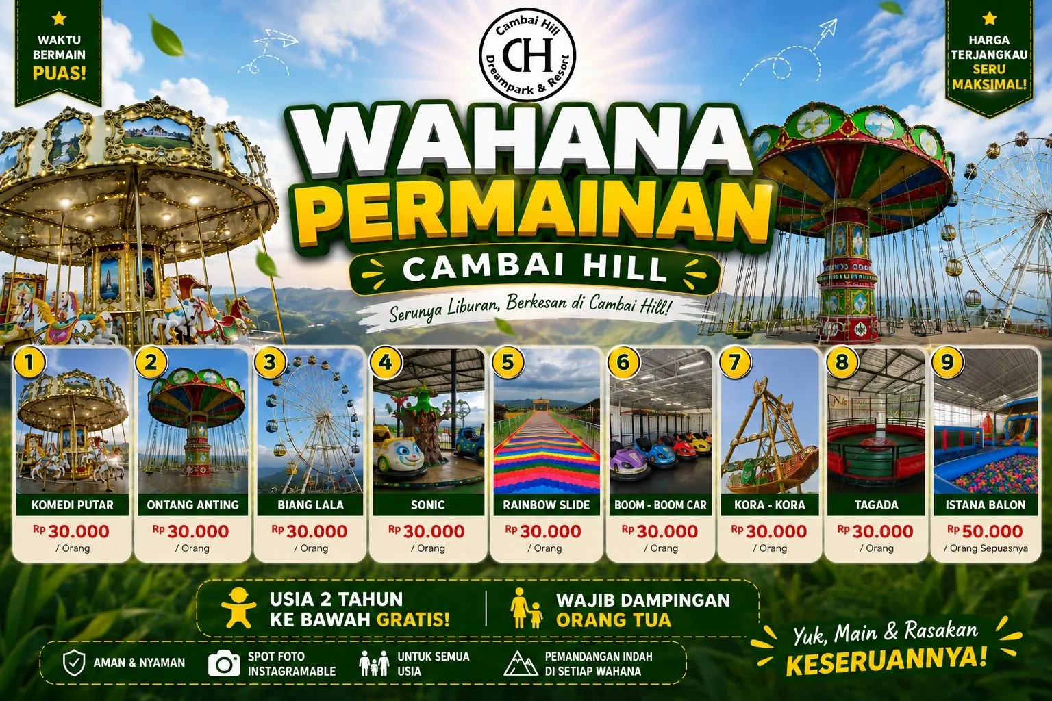 Cambai Hill rides poster: carousel, swing ride, Ferris wheel, and more