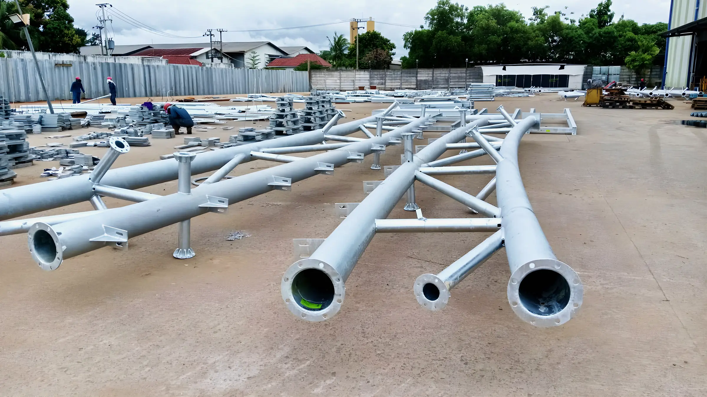 Galvanized steel trusses laid out in the yard