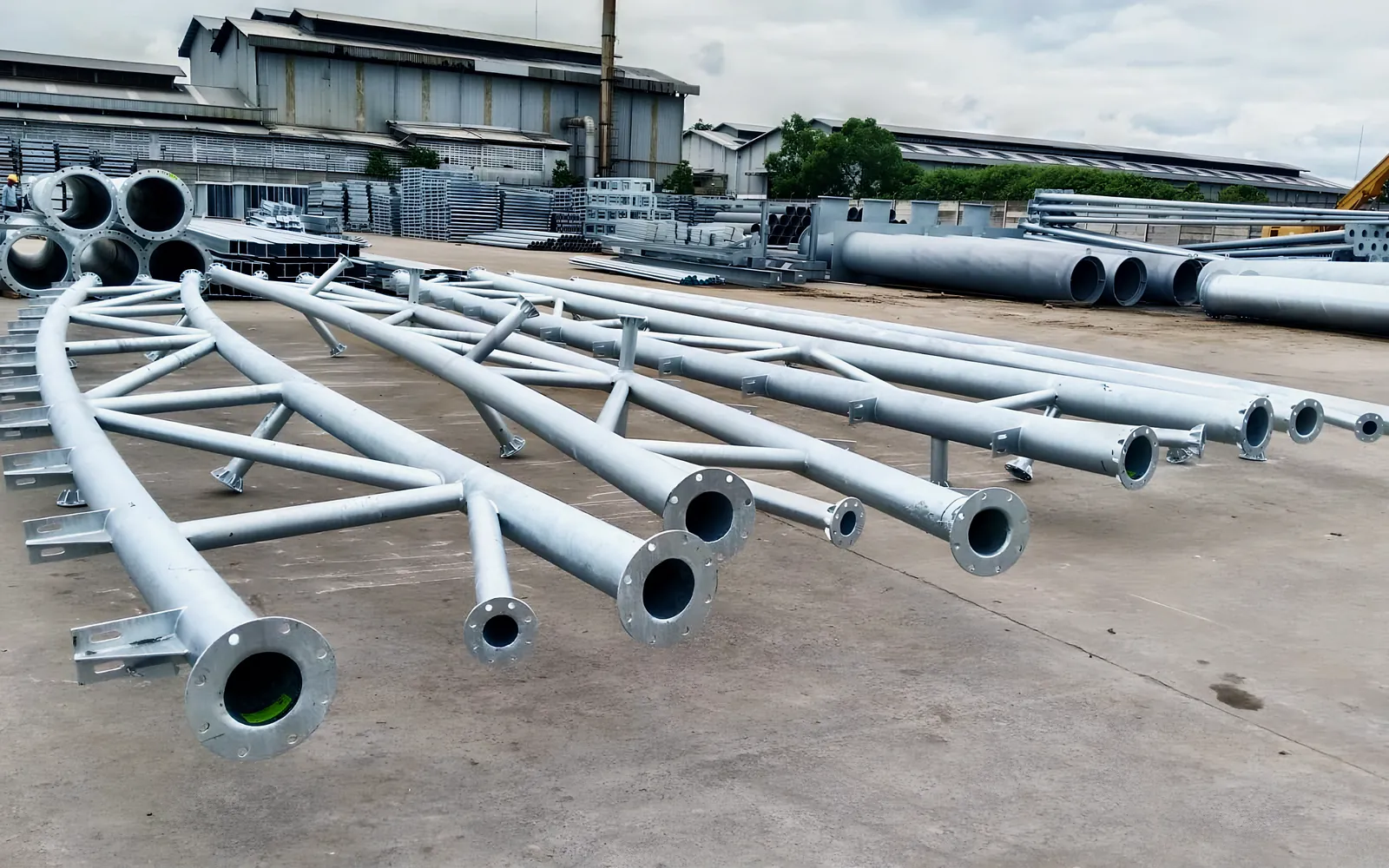 Galvanized steel trusses laid out in the yard