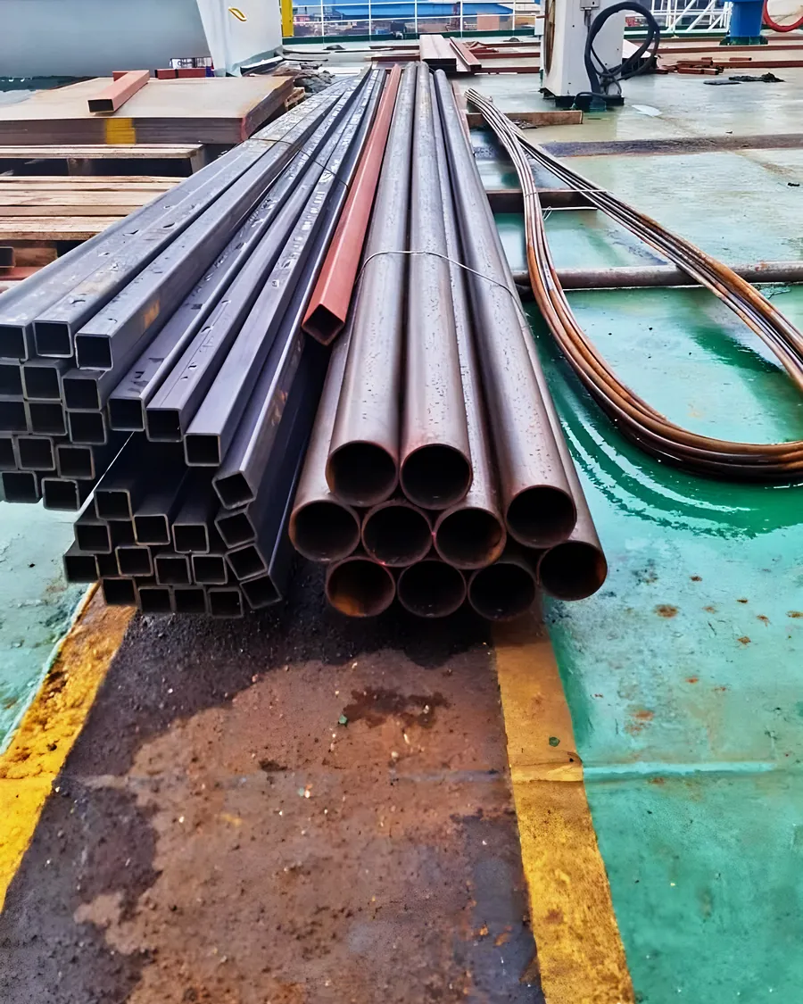 Black steel pipes and hollow sections stacked on the dock