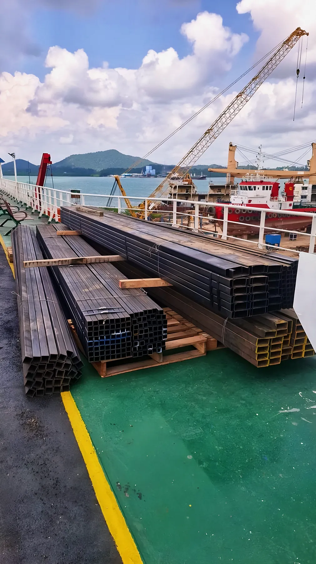 Hollow sections stacked on the dock