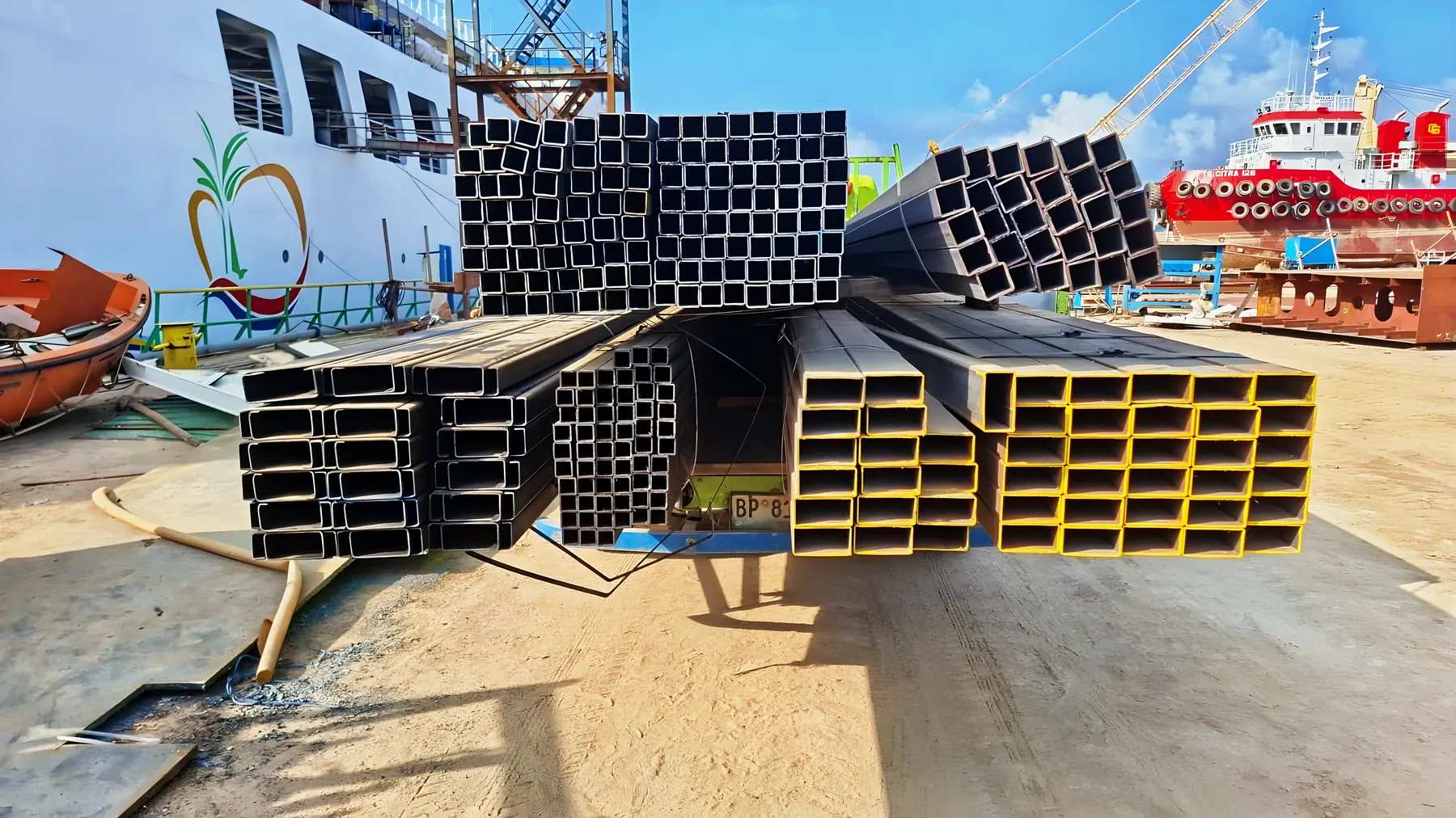 Hollow sections ready for loading at the port