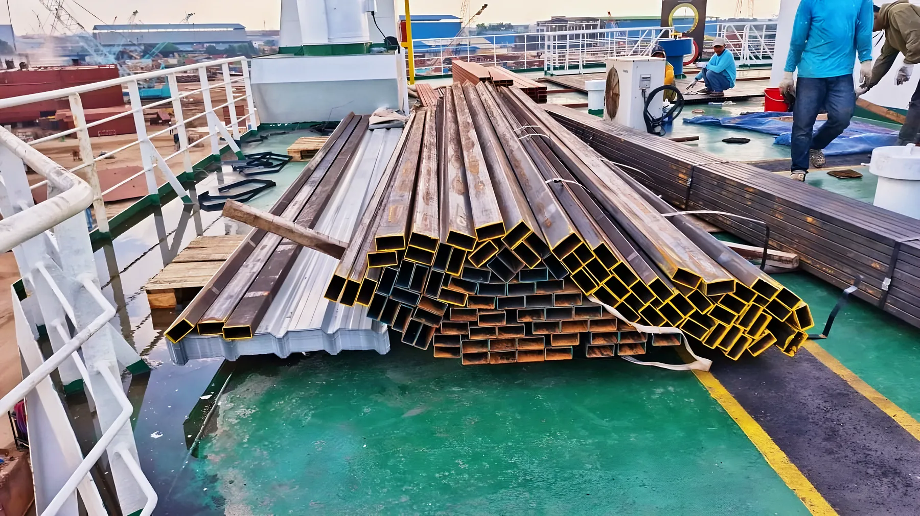 Steel pipes stacked on the dock
