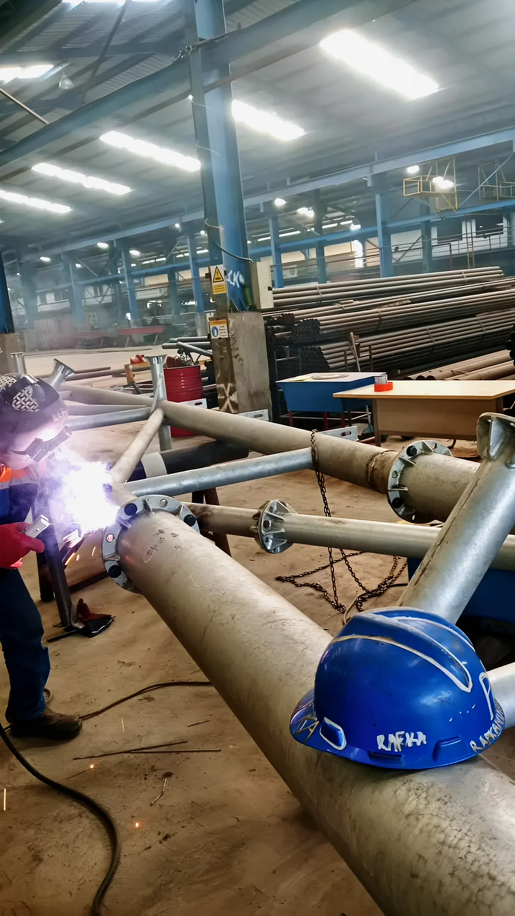 Welding steel pipe in the workshop