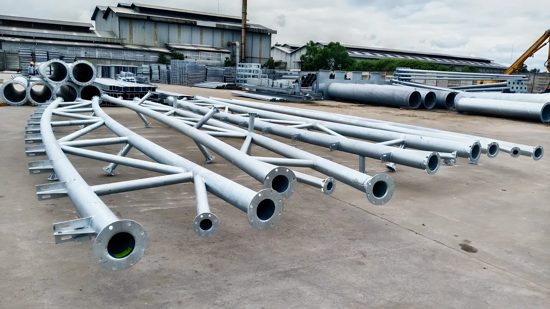 Finished galvanized trusses in rows